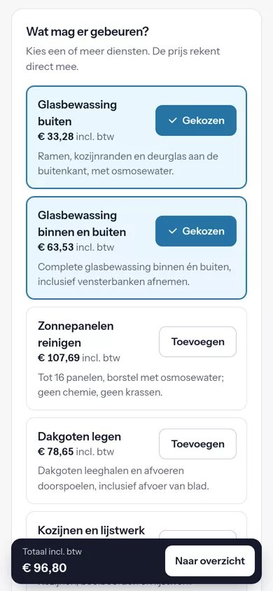 De calculator op een telefoon: twee diensten gekozen met hun prijs inclusief btw, onderin het totaal van 96,80 euro en de knop Naar overzicht.