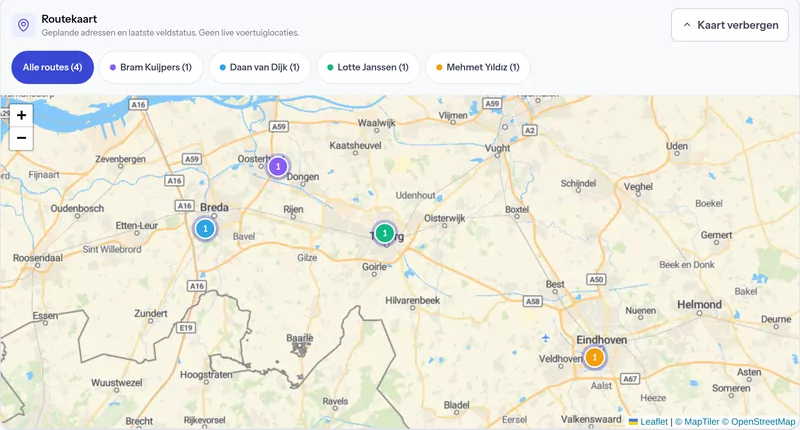 Scherm Vandaag met de routekaart van Midden-Brabant: genummerde stops per medewerker rond Breda, Dongen, Tilburg en Eindhoven.